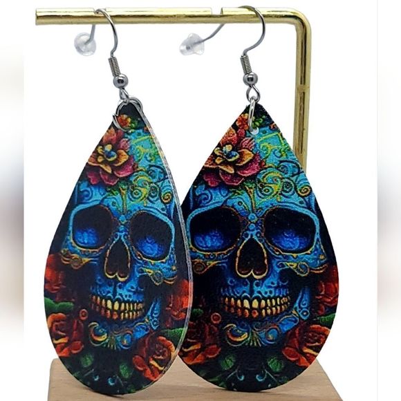 Sugar Skull Faux Leather Earrings Blue Pop Art Dangle Teardrop Gothic Jewelry - Picture 5 of 5